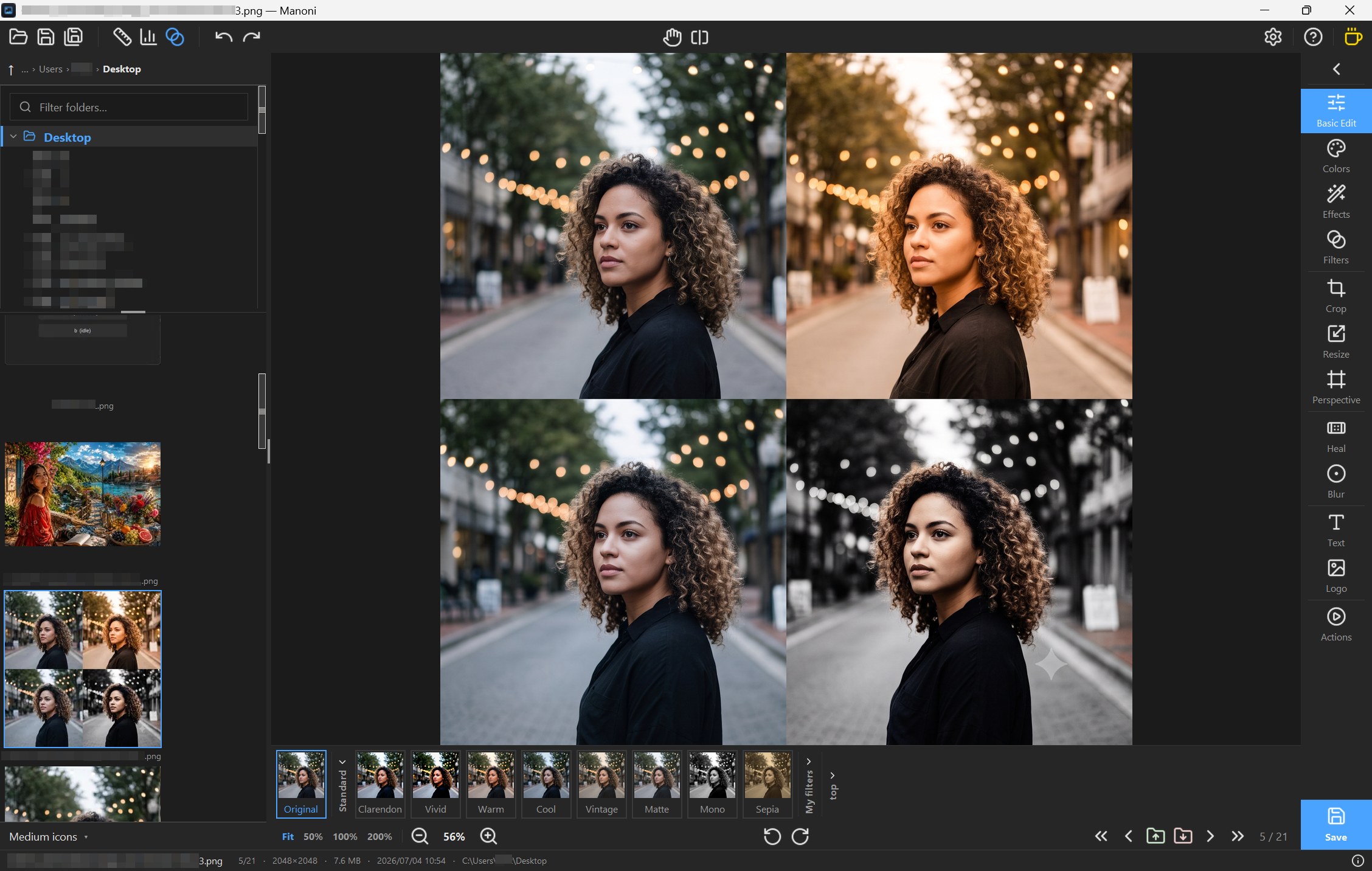 The Manoni window: a folder tree and thumbnail strip on the left, the photo in the centre, the edit-tool rail on the right, and a filter preview strip along the bottom.